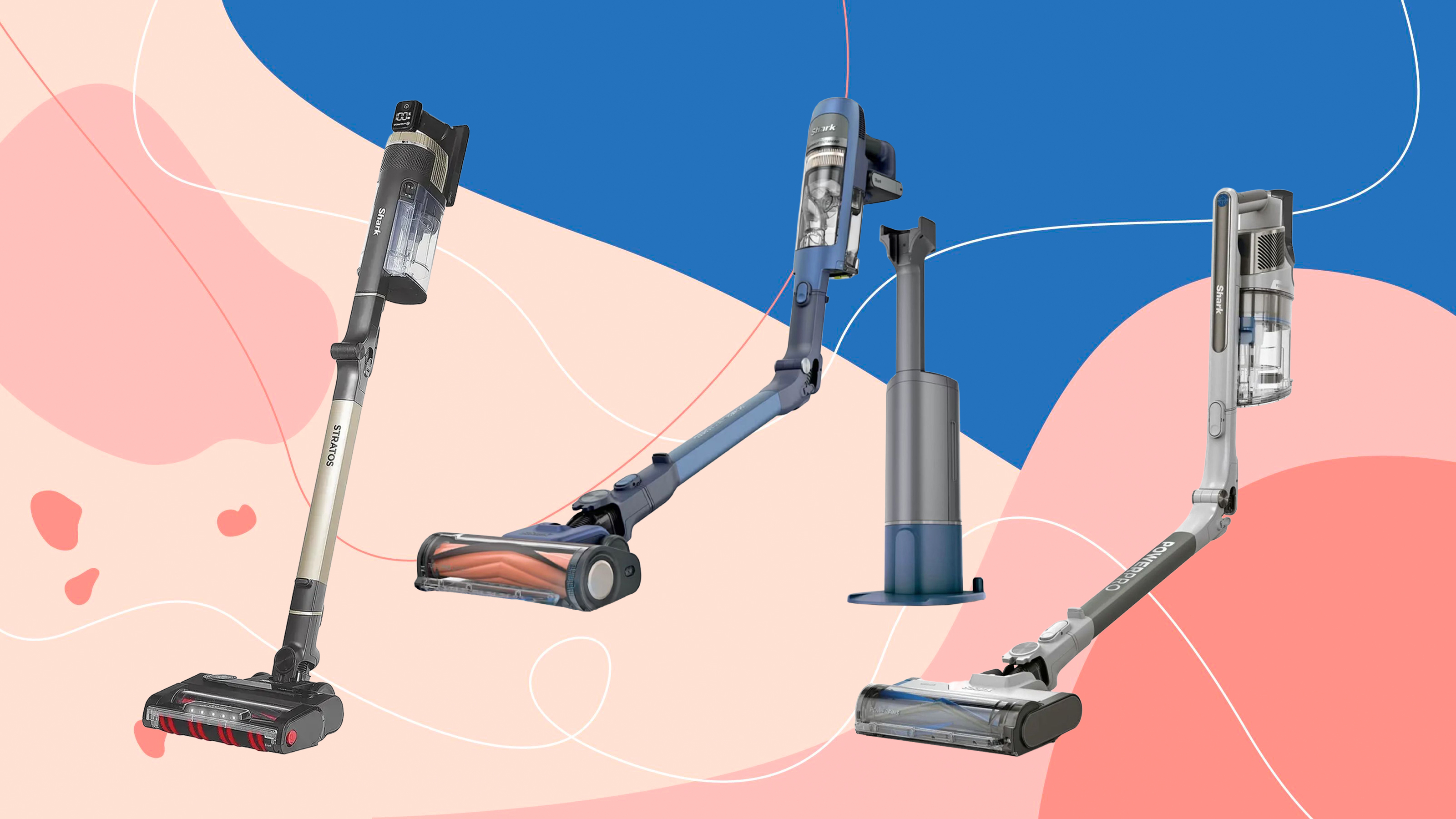 Three Shark vacuum cleaners on a pink and blue background