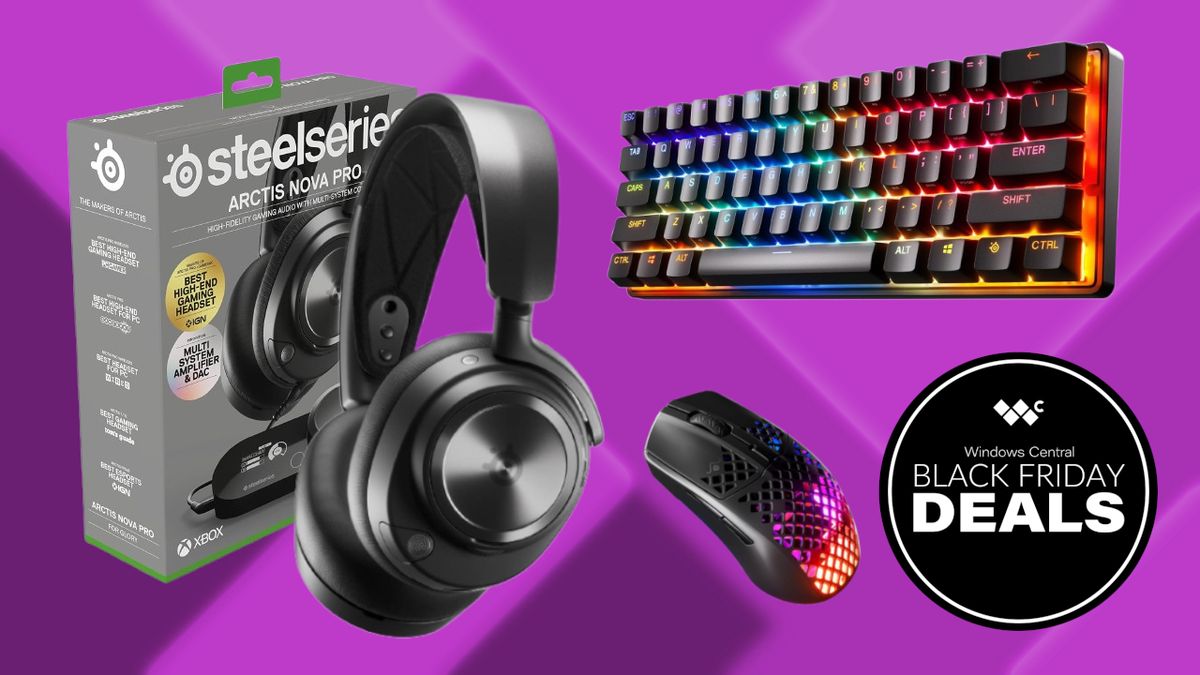 Deal image showing SteelSeries Arctis Nova Pro Wireless, a SteelSeries Aerox 3 Wireless and a SteelSeries Apex Pro Mini Wireless with a &#039;Black Friday Deals&#039; text logo