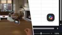 A split image showing a promotional example of Siri AI's interface in visionOS on the left and the Copilot button in Microsoft Excel on the right