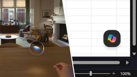 A split image showing a promotional example of Siri AI's interface in visionOS on the left and the Copilot button in Microsoft Excel on the right