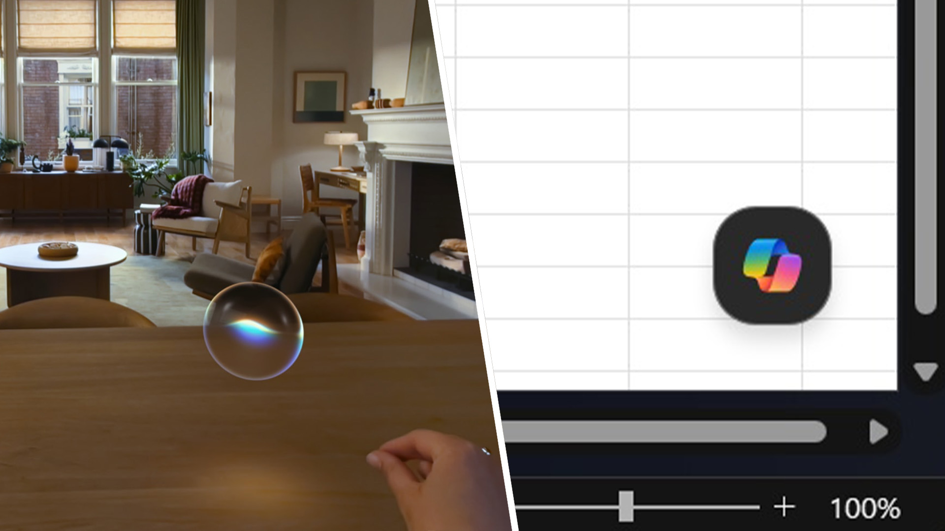 A split image showing a promotional example of Siri AI's interface in visionOS on the left and the Copilot button in Microsoft Excel on the right