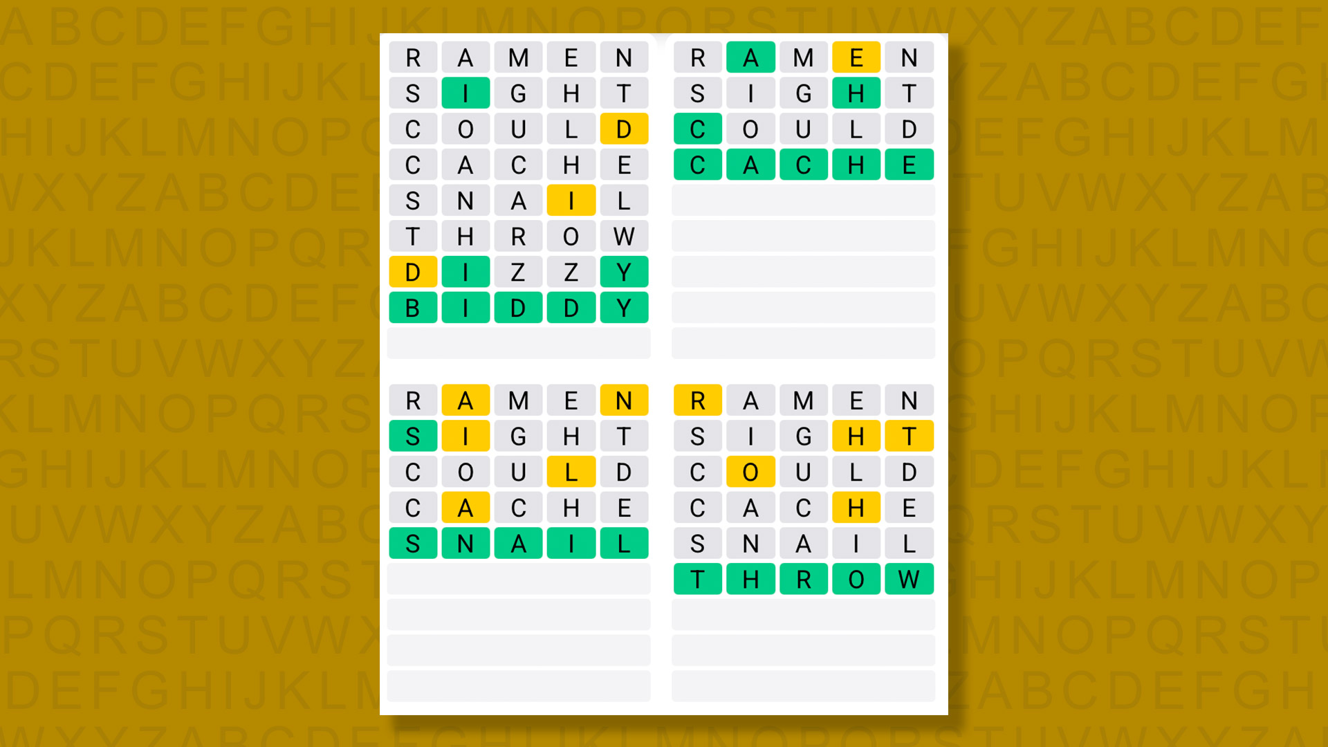 Quordle answers for game 1421 on a yellow background