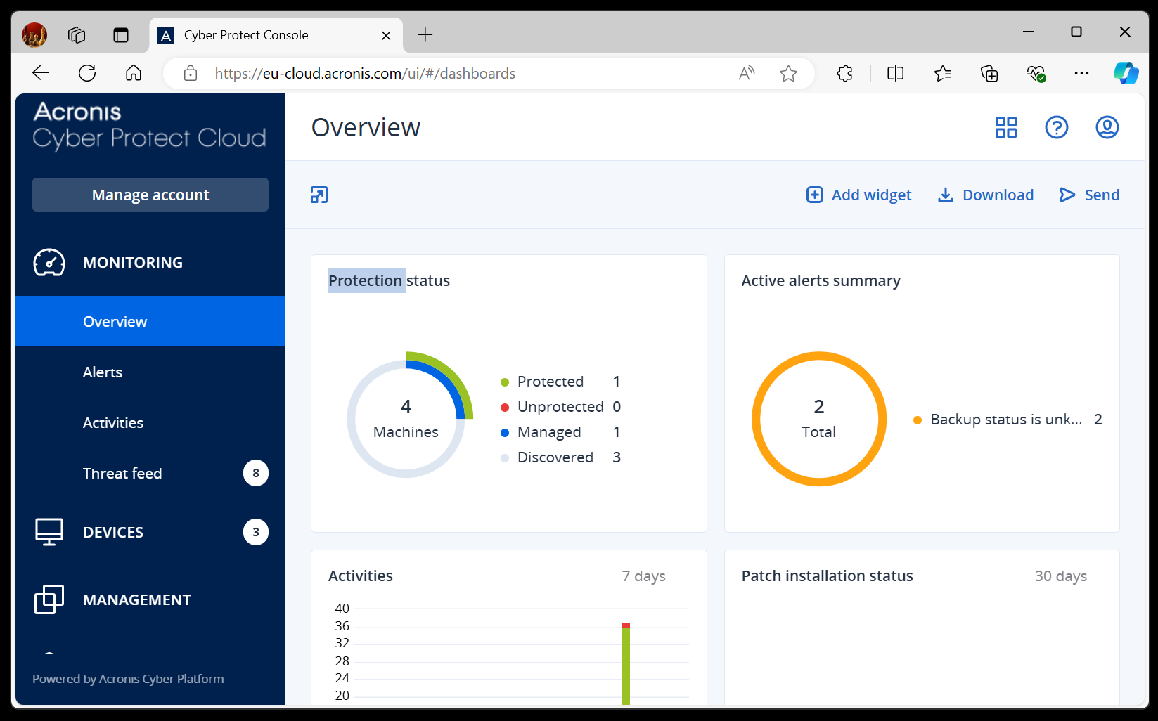 The Acronis Cyber Protect overview screen.