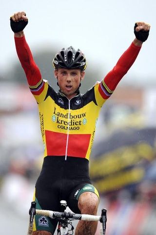 Sven Nys celebrates his first win of the season in Ruddervoorde.