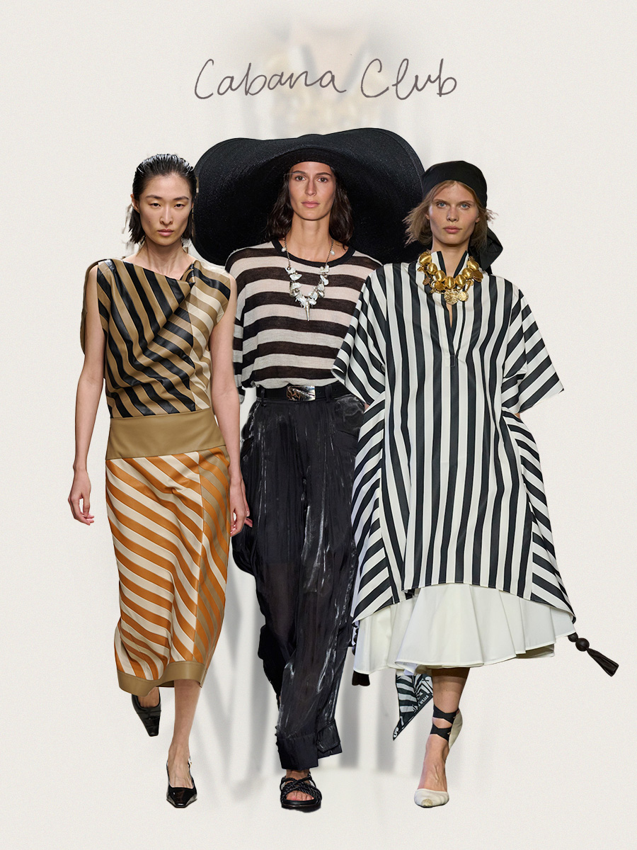 Spring 2026 print trends are shown in a collage of runway images, featuring three models walking down the catwalk wearing the cabana club or awning stripe print trend. On the left, a model walking in Tod's spring 2026 runway show is wearing a thick, striped leather dress in brown, black, orange, and tan, styled with black pointed pumps. In the middle, a model walking in Ralph Lauren's spring 2026 runway show is wearing a Benton-striped black-and-white t-shirt styled with an oversized black flappy hat, a silver necklace, a black belt, black leather trousers, and black slide sandals. On the right, a model walking in Jacquemus's spring runway show, wearing a striped awning print black-and-white dress layered on top of a white voluminous skirt, styled with a black kerchief scarf, gold necklace, and black-and-white espadrilles.