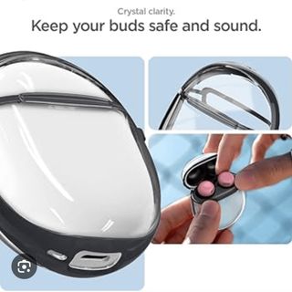 Leaked composite image of the Pixel Buds Pro 2 in a clear Spigen case