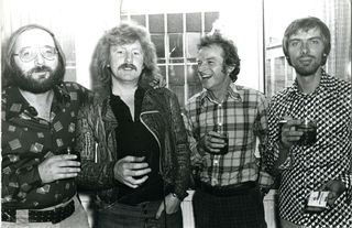 From left: Evan Medow (A&M publisher), Dave Margereson, Mike Doud (art director, A&M London), Glyn Johns (legendary producer), circa 1972.