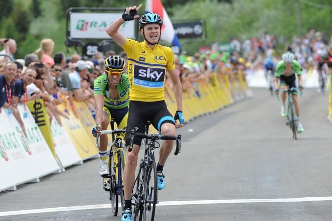 Chris Froome (Team Sky) outpaces Alberto Contador (Tinkoff-Saxo) to take the stage two win on Col du Beal