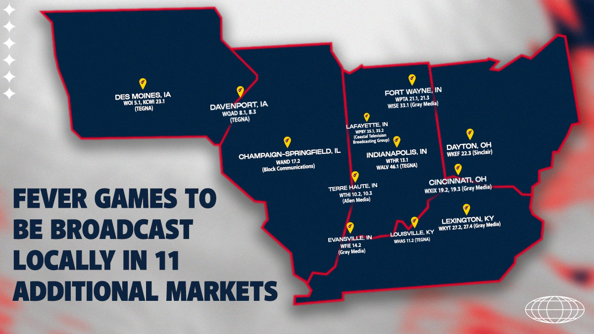 Map of where the Indiana Fever WNBA games will be broadcast.