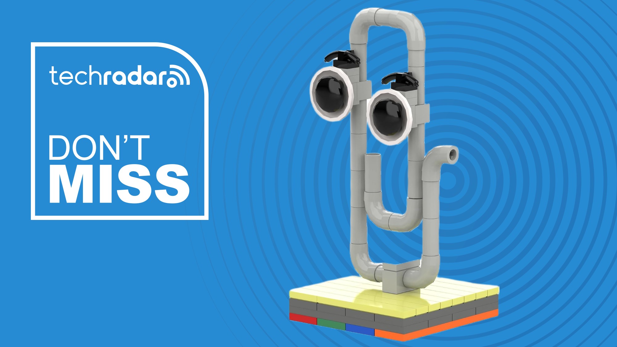 The Aphpaio buildable Clippy on a blue background next to a TechRadar badge that reads 'Don't Miss'