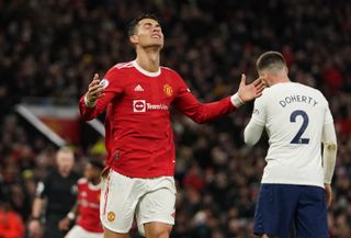 Manchester United’s Cristiano Ronaldo reacts after missing an opportunity against Tottenham