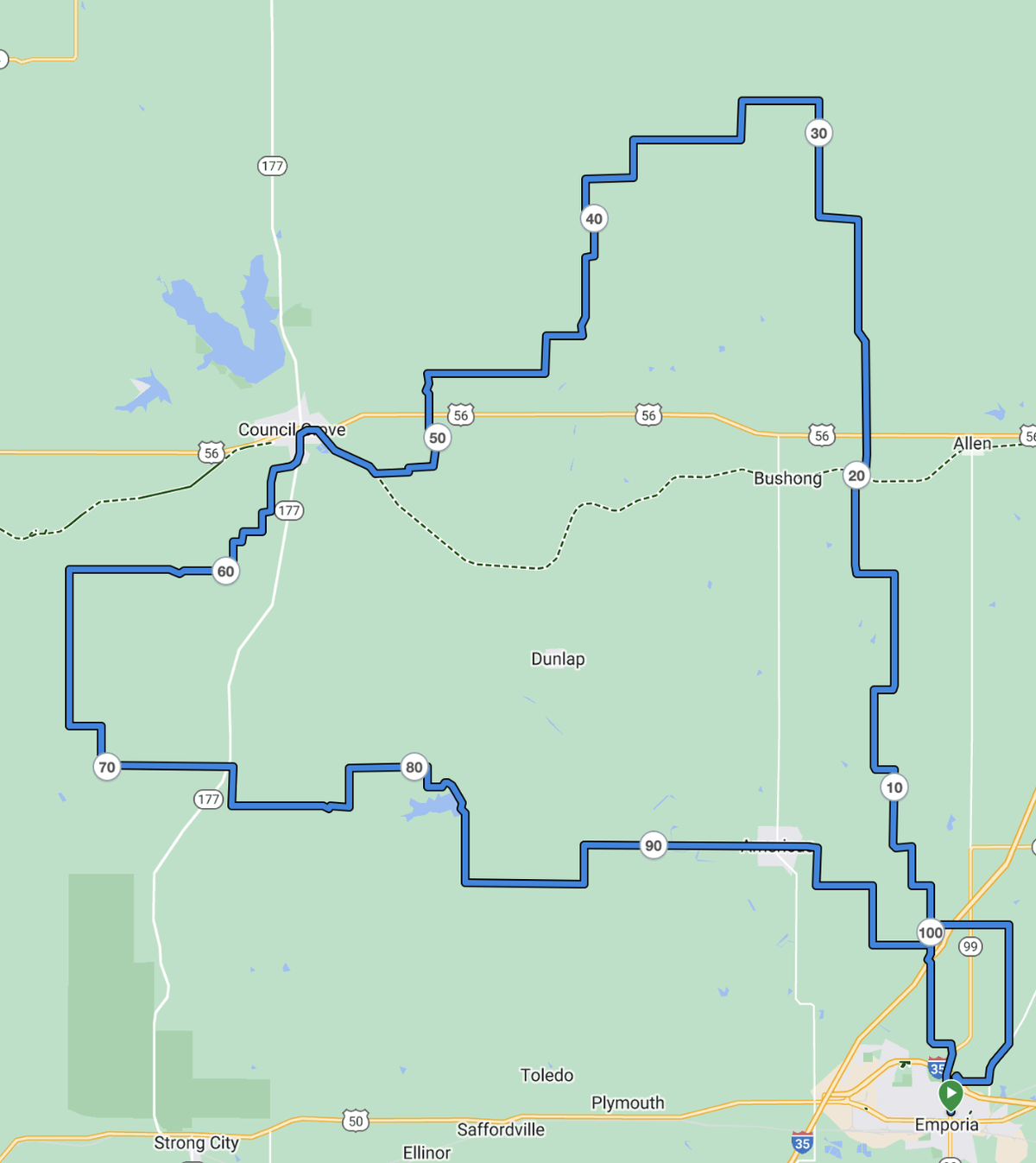 Route map for Unbound Gravel 100 in 2024