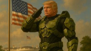 AI generated image of Donald Trump in Master Chief armor