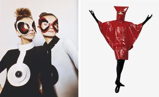 Left, models wearing sunglasses and vinyl necklaces from the A/W 1970 collection. Right, Vinyl raincoat, 1990. Courtesy pf Archives Pierre Cardin