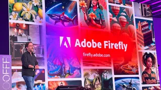 man next to an Adobe Firefly sign