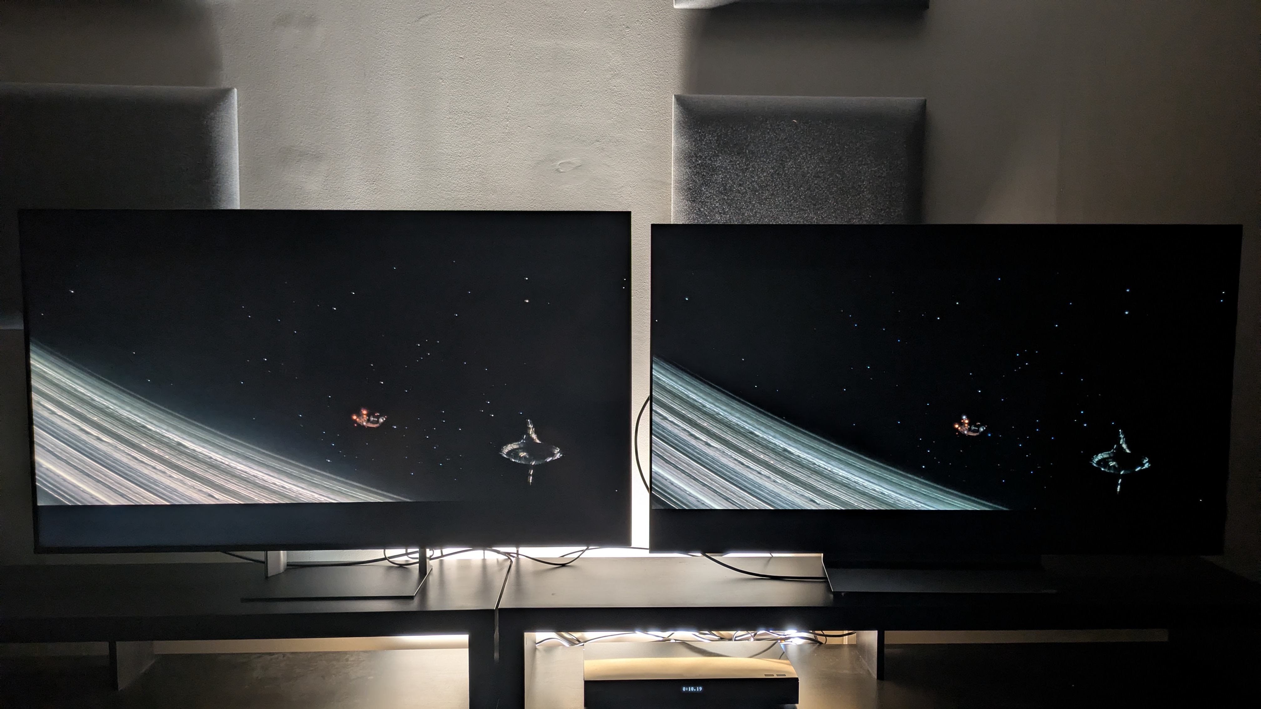 Sony Bravia 7 II (left) vs LG C6 (right) showing shot of space from Alien Romulus. Both Tvs have great black levels, but the C6's are inkier.