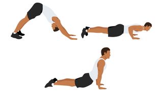Vector person performing a yoga push-up in three stages against white background