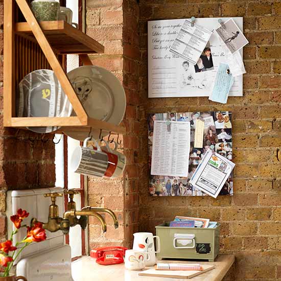 room with brick wall and open shelve