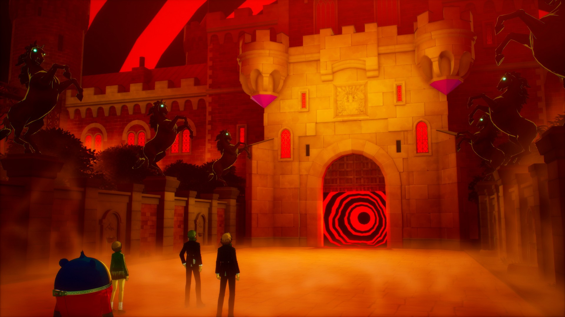 The hero and the party stand outside the entrance to the castle dungeon in Persona 4 Revival