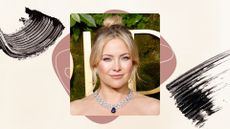 Image of Kate Hudson smiling with blonde hair in an up-do, on a beige background with mascara swatches and a mauve graphic