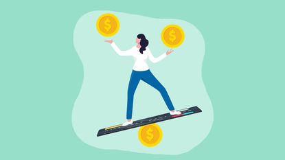 Illustration of a person juggling coins while balancing on another coin