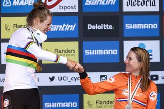 Ellen van Dijk celebrates with Annemiek van Vleuten