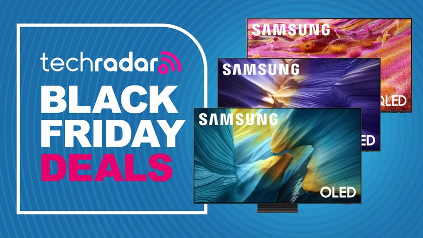 Samsung Black Friday deals image with S95F, S90F and QN90F on blue background 
