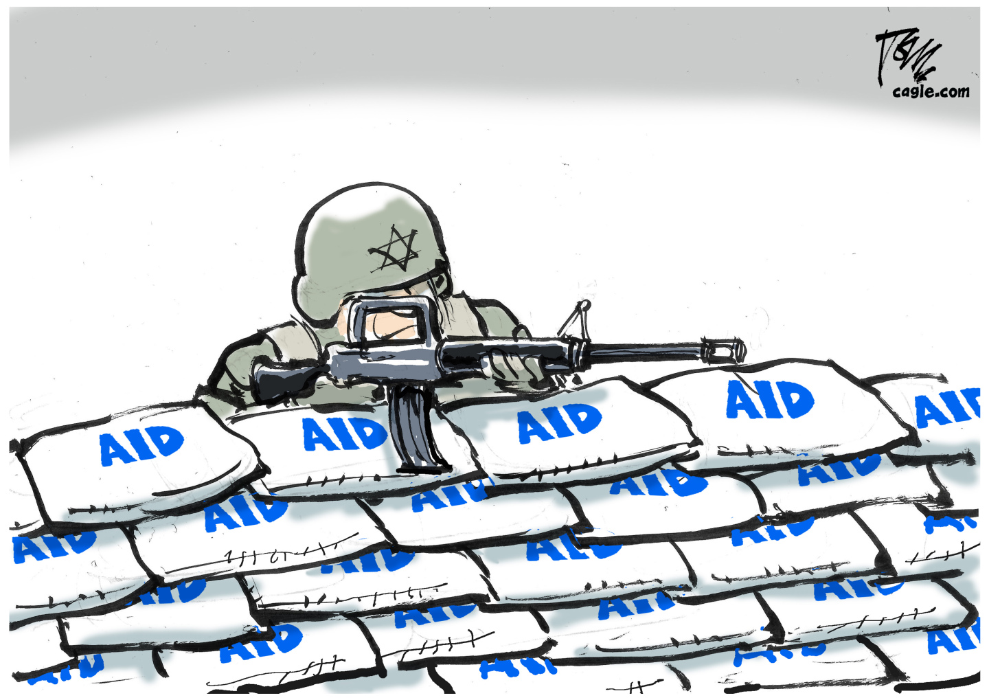 This cartoon depicts an armed Israeli soldier taking cover behind a temporary structure consisting of many bags labeled “Aid.”