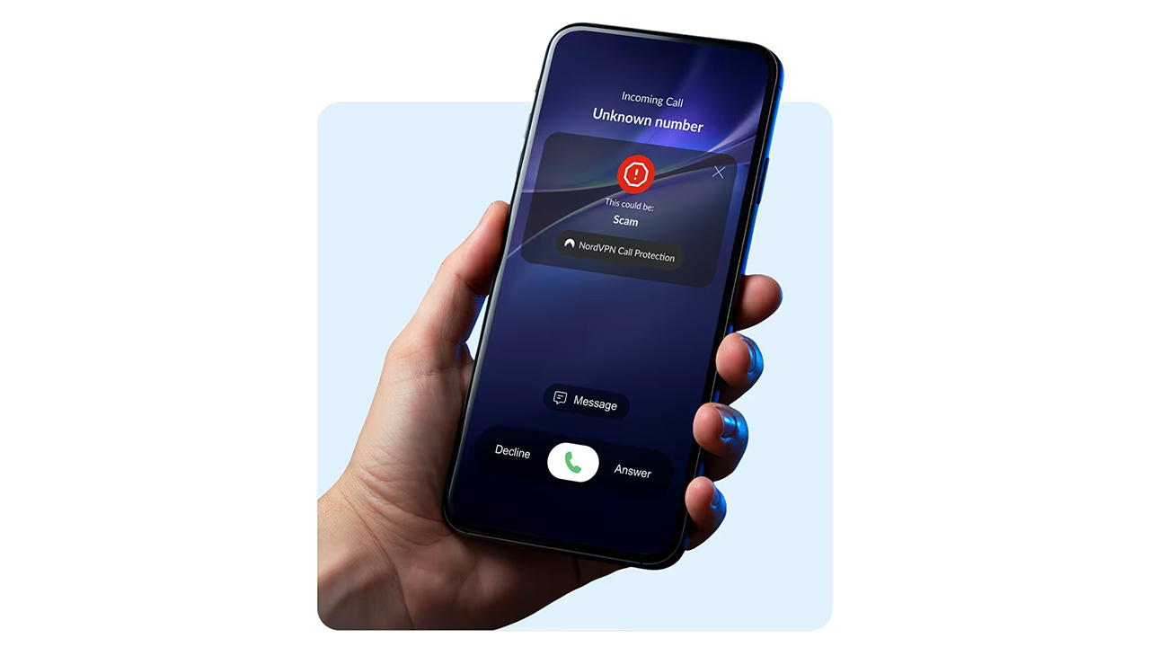 NordVPN&#039;s Call Protection feature warning an Android user about a scam call