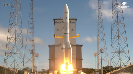 An Ariane 6 rocket launches 34 Amazon Leo satellites to orbit from French Guiana on June 17, 2026.