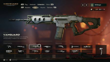 Highguard weapon collection menu showing Vanguard assault rifle