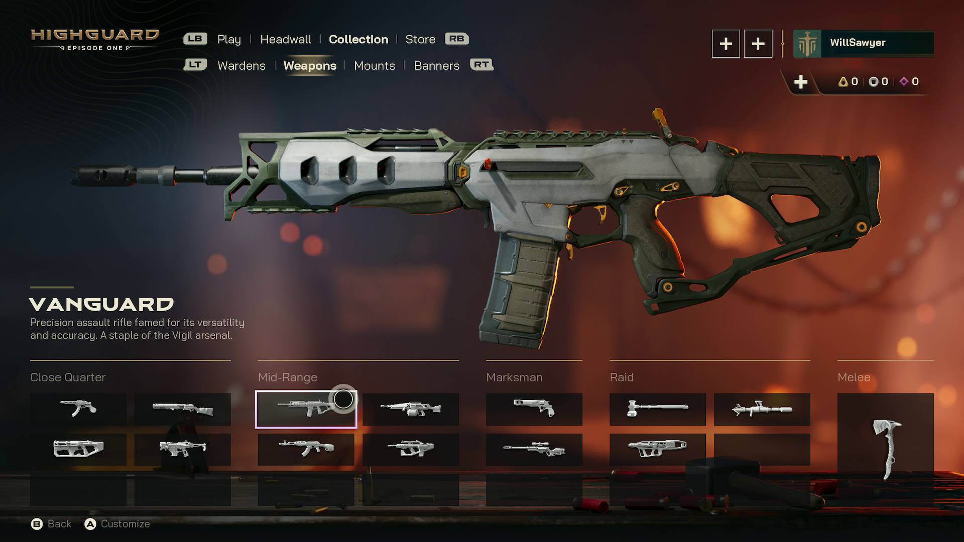 Highguard weapon collection menu showing Vanguard assault rifle