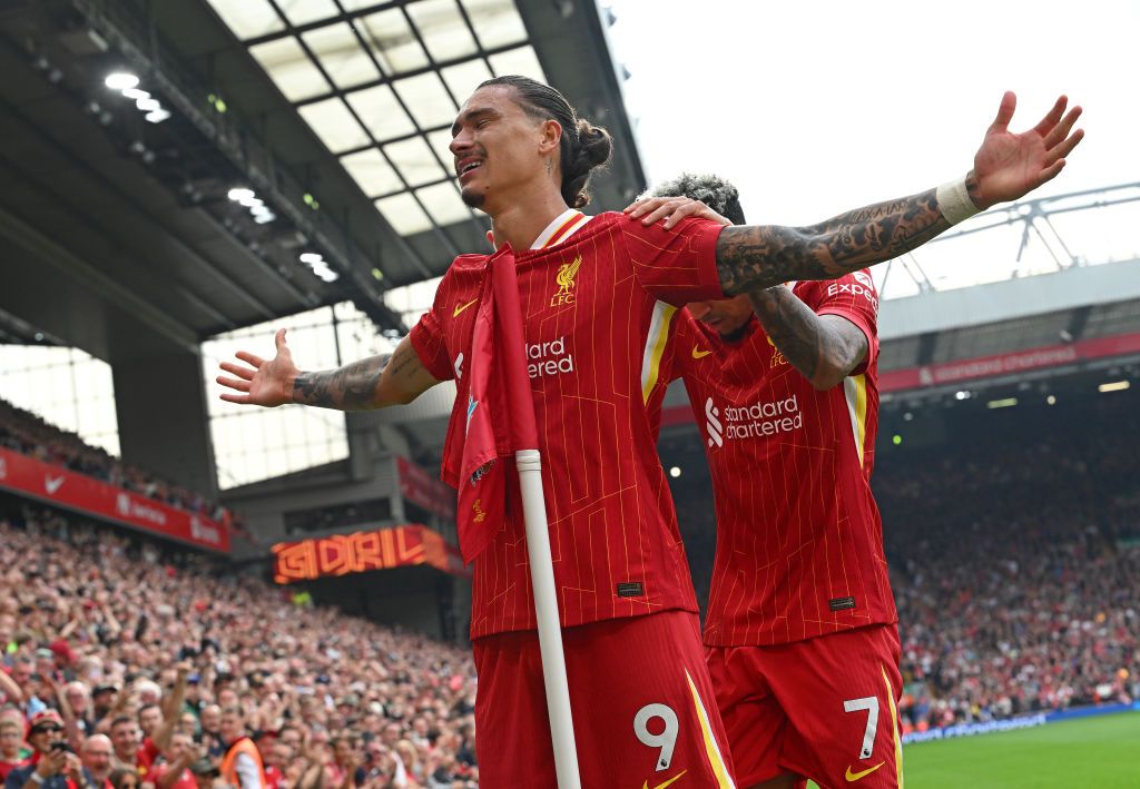 Darwin Nunez of Liverpool celebrating after scoring the third goal during the Premier League match between Liverpool FC and AFC Bournemouth at Anfield on September 21, 2024 in Liverpool, England.