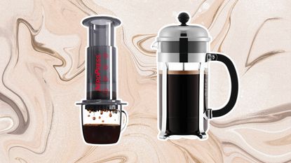 Aeropress and French Press on brown marbled background