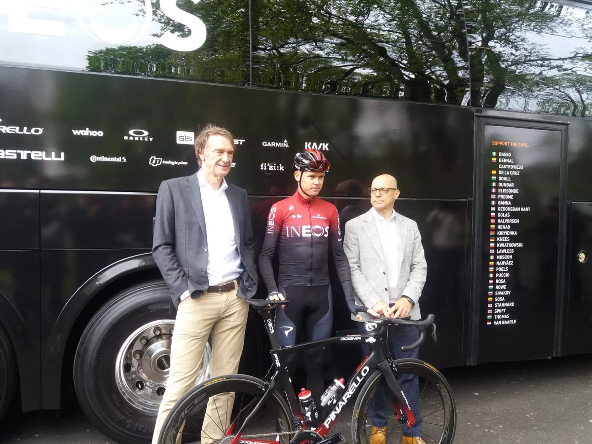 Jim Ratcliffe, Chris Froome and Dave Brailsford at the Team Ineos launch