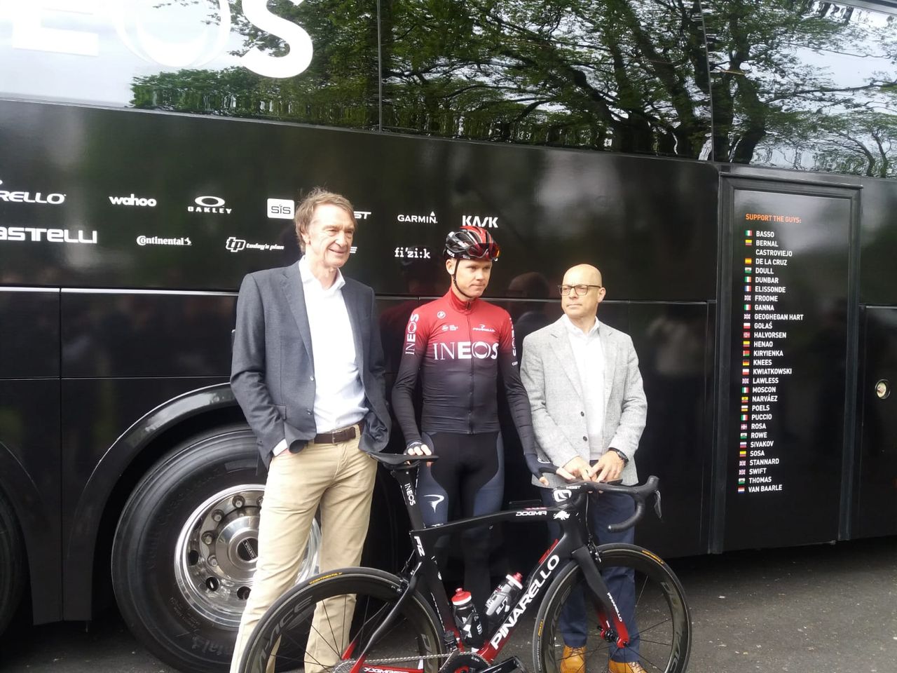 Jim Ratcliffe, Chris Froome and Dave Brailsford at the Team Ineos launch