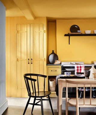 yellow color drenched kitchen