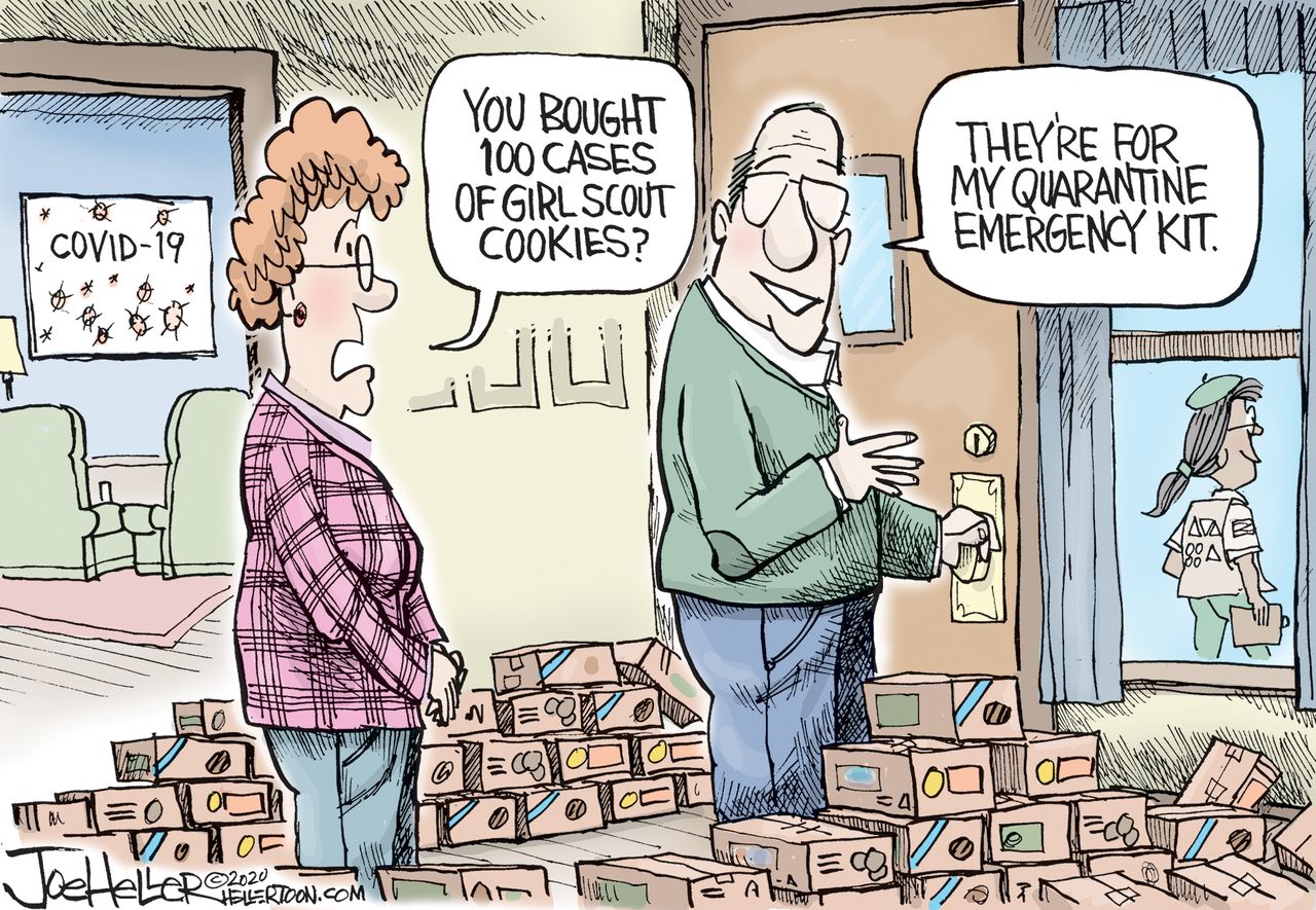 Editorial Cartoon U.S. quartine kits coronavirus Girl Scout cookies