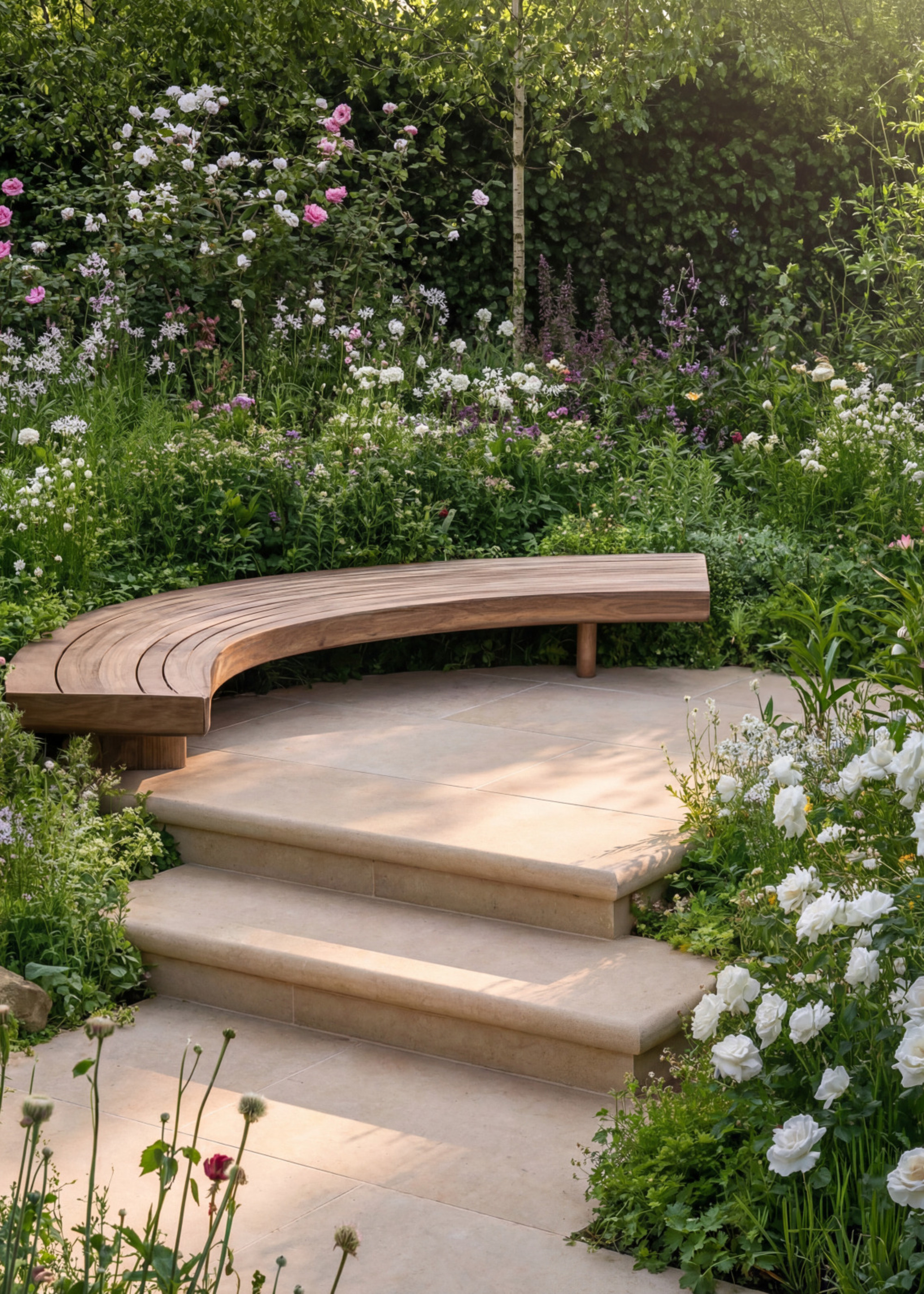 steps up to garden with tiled seating area, and curved wooden bench, surrounded by white roses and other flowers