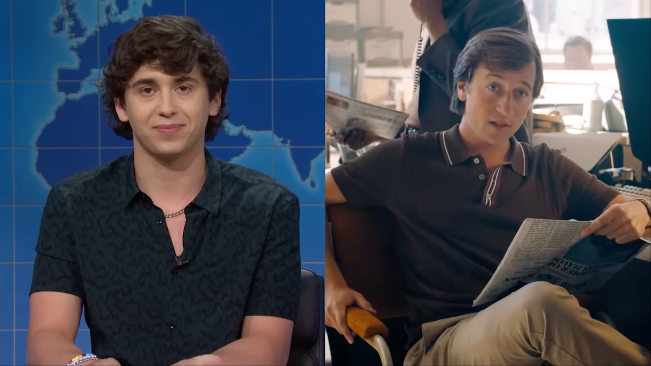 Marcello Hern&amp;aacute;ndez on an SNL Weekend Update segment, and Skyler Gisondo&#039;s Jimmy Olsen seated at his Daily Planet desk holding a newspaper in Superman