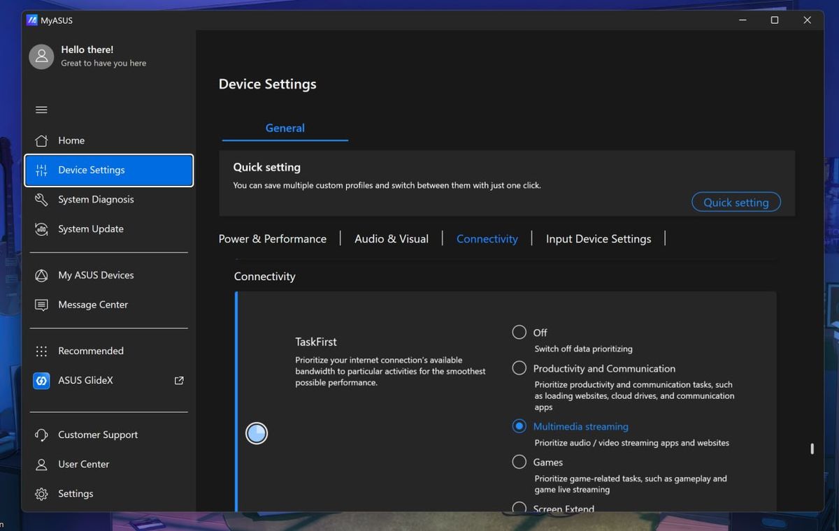 MyASUS Device Settings under Connectivity, showing TaskFirst network prioritization options with Multimedia Streaming selected.