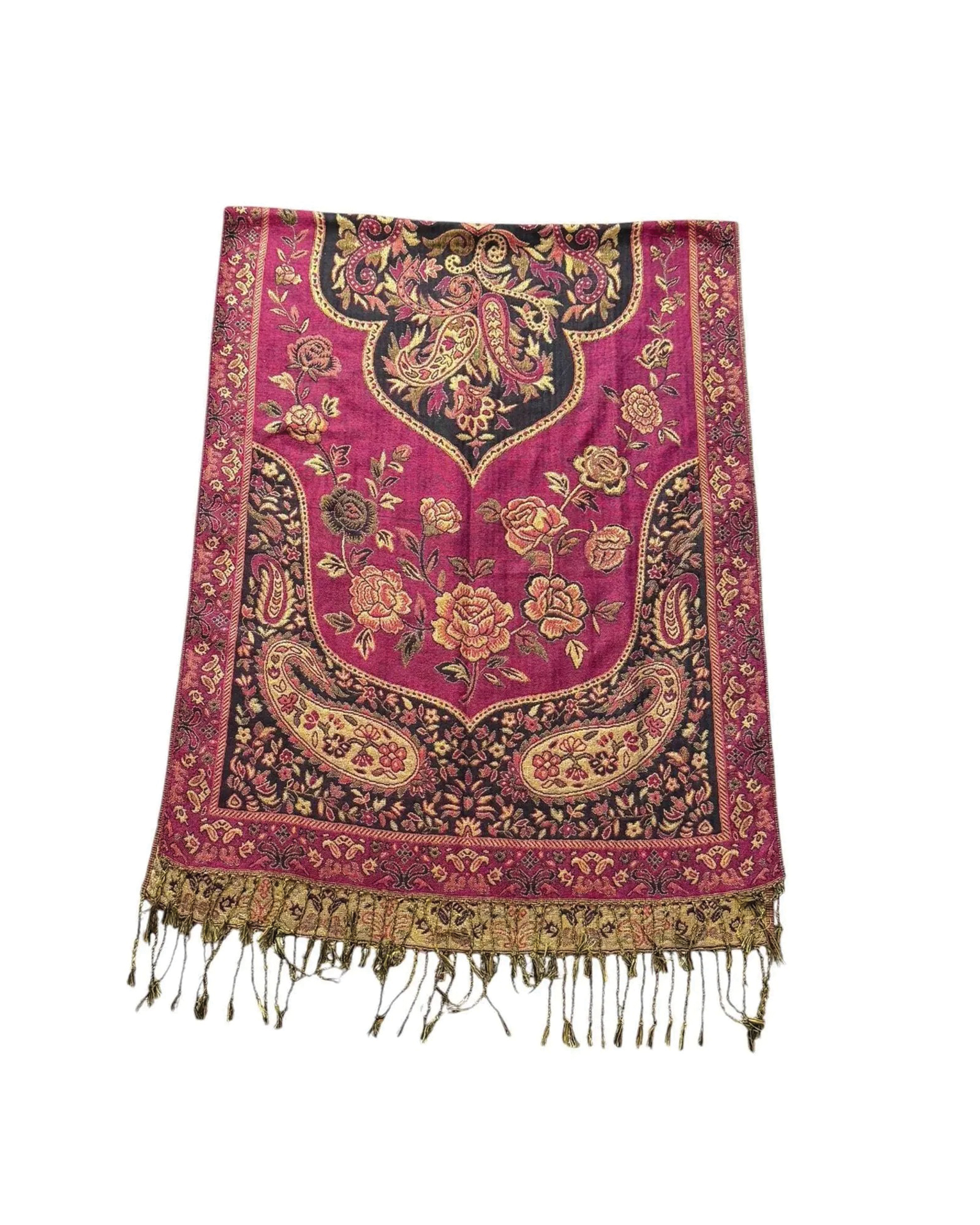 MyRecycledRunway, Vtg 90s Metallic Paisley Pashmina Scarf Maroon Gold Floral Fringe Shawl Wrap