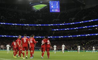 Bayern Munich players celebrate their seventh goal against Tottenham in the Champions League group stages in north London in October 2019.