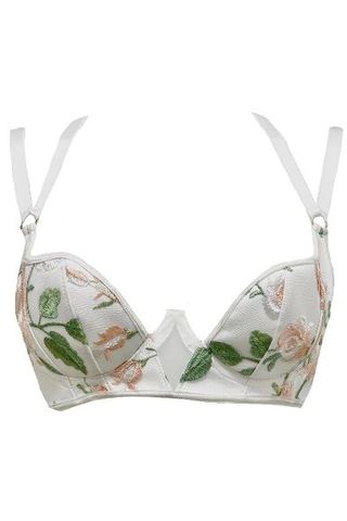 white bra with green and pink floral embroidery