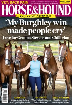 Gemma Stevens stands with four chestnut horses with white face markings, Burghley winner Chilli Knight and his siblings, on the front cover of Horse & Hound magazine, 8 October 2026 issue