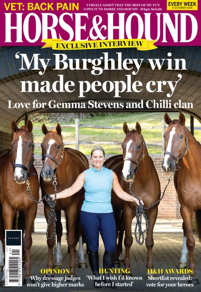 Gemma Stevens stands with four chestnut horses with white face markings, Burghley winner Chilli Knight and his siblings, on the front cover of Horse & Hound magazine, 8 October 2026 issue