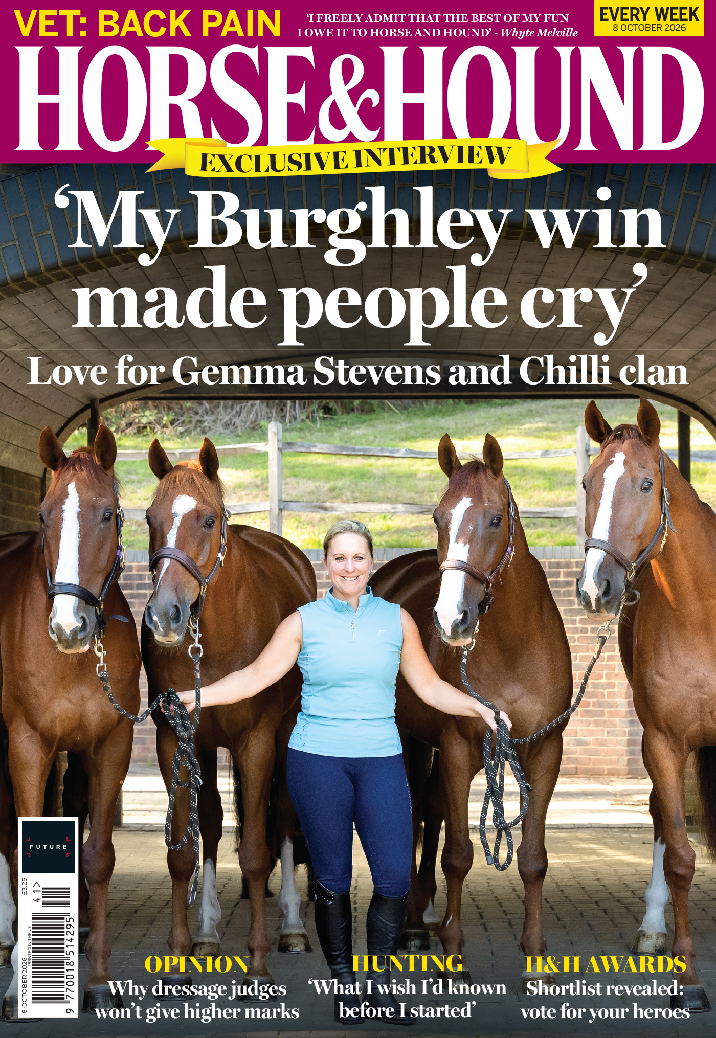 Gemma Stevens stands with four chestnut horses with white face markings, Burghley winner Chilli Knight and his siblings, on the front cover of Horse &amp; Hound magazine, 8 October 2026 issue