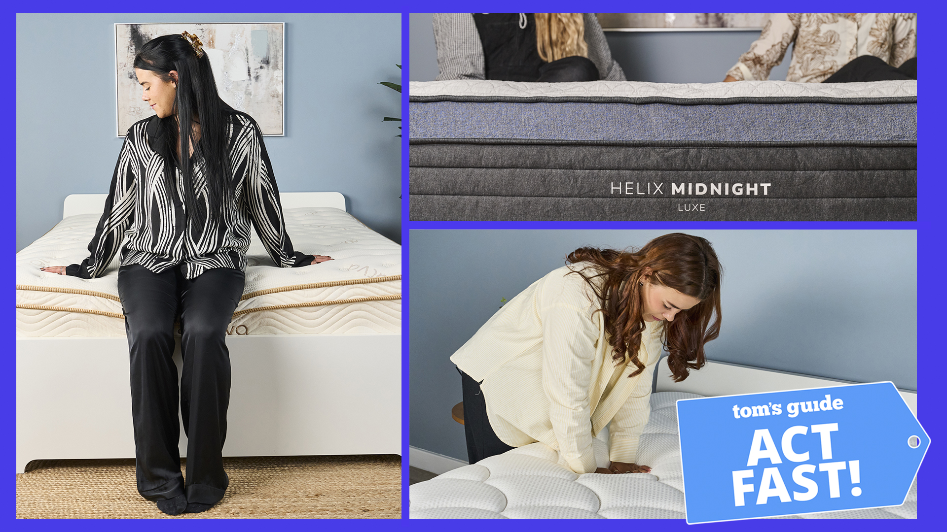 A collage of mattress testing images. To the left, a woman sits on the end of the Saatva Classic mattress on a bed frame. In the top right, a close up of the end of the Helix Midnight Luxe mattress, with two testers sitting on the bed. In the bottom right, a mattress tester presses her hands into the DreamCloud Classic Hybrid to test the pressure relief. In the corner, a Tom's Guide price drop deals graphic