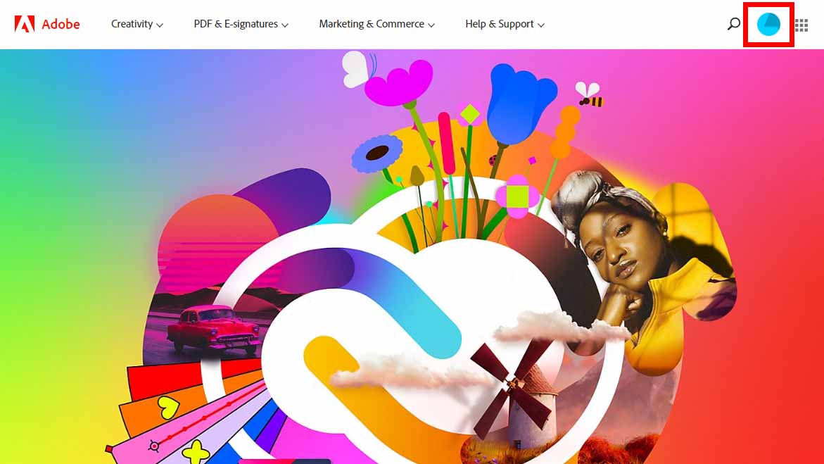 Adobe website and profile icon