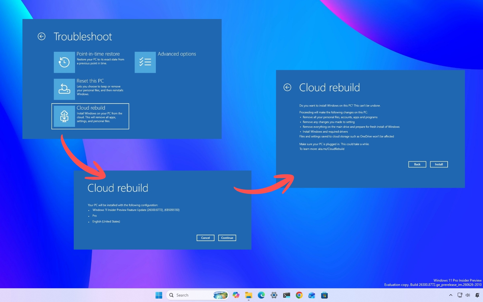 Windows 11 desktop showing the Cloud rebuild process.